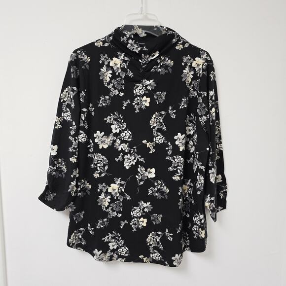 Isaac Mizrahi Live Top 1X Printed Floral Black Mock Neck Shirred 3/4 Slv Stretch - Picture 1 of 11